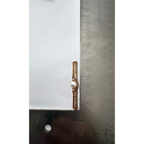 Antique Art Deco 14K Gold Filigree Bar Pin Brooch with Pearl & Diamonds c. 1920s - Picture 10 of 10